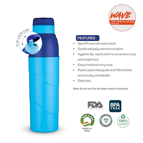 Image of Trueware Wave 500 ML Plastic Insulated Water bottlle for Cold Water, BPA Free, Food Grade, Leak Proof, Airtight (Blue)