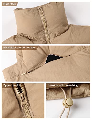 Uaneo Cropped Puffer Vest Women Zip Up Stand Collar Sleeveless Padded Crop Puffy Vests (Khaki-S) #TOP1