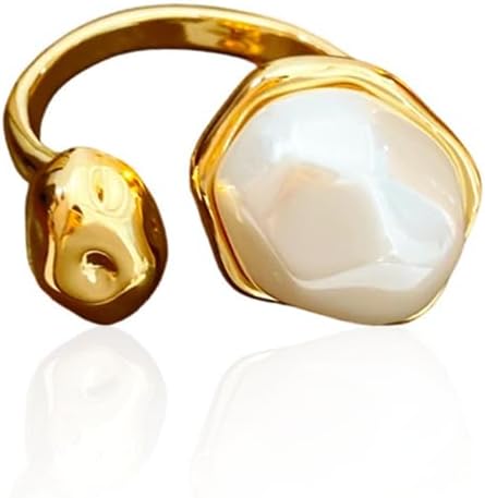 Irregular Faux Pearl Adjustable Open Band Statement Ring for Women Elegant Gold-Tone Dainty Geometry Statement Stacking finger Band Wedding Party Fashion Jewelry