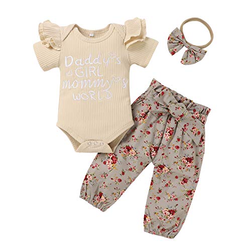 Yccutest Newborn Baby Girl Clothes Sets Long Short Sleeve T Shirt Romper + Pants + Headbands 3Pcs Toddler Girl Outfits (A-Beige Floral, 0-3 Months)