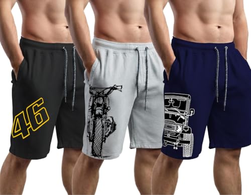 Image of hotfits Men's Cotton Shorts Pack of 3 | Casual All-Season Printed Workout & Running Shorts | Soft Fabric Regular Fit with Elastic Waist & 2 Side Pockets for Gym, Sports