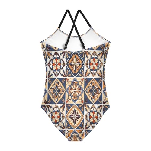 Vintage Brown Floral Girls' Swimwear, Beach Bathing Suits Girls 3-10 Y with Adjustable Shoulder Strap, 3-10 Y2