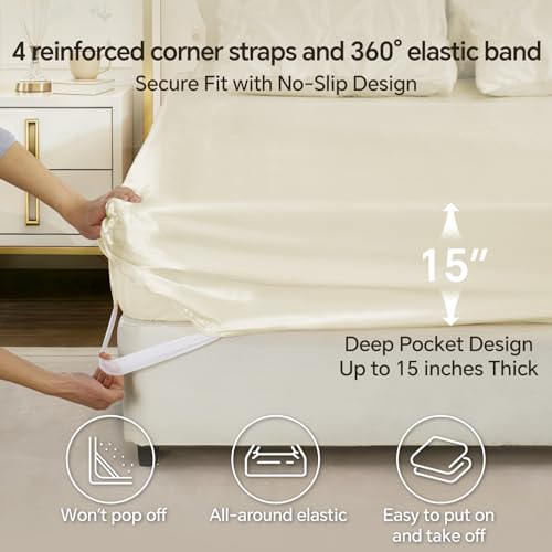 Image of BEDELITE Satin Comforter Set Queen Size, 7 Pieces Pintuck Bed in A Bag with Comforter, Flat Sheet, Fitted Sheet, Pillowcases, Shams, Soft Similar to Silk Bed Set for All Seasons (Ivory White)