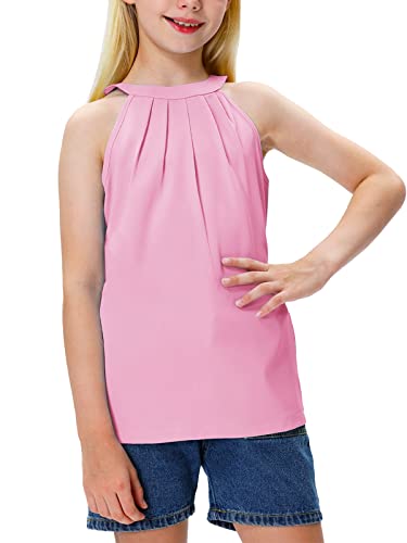 Halter Sleeveless Top Girl Summer Pleated Tank Tops Chiffon Blouse Solid Pink Cami Shirts 9-10 Years #TOP1