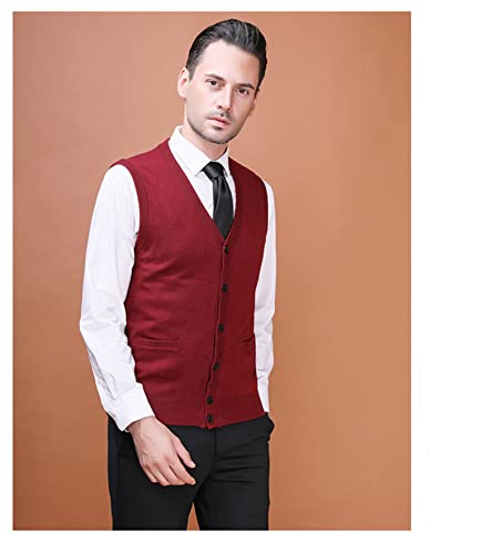Mens Sleeveless Cardigan Vest V-Neck Wool Blend Knitted Sweater Vests Middle-aged And Elderly Casual Fit Cardigans Suits Vest (Red,X-Large)4