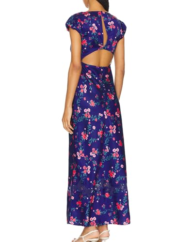 Image of Women Sexy Lace Patchwork Mesh Dress Floral Print Cutout Sweetheart Neck Backless Slit Summer Maxi Dress