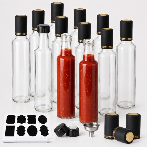 WERTIOO Hot Sauce Bottles, 12-Pack 8.5oz Glass Hot Sauce with Cap & Funnel