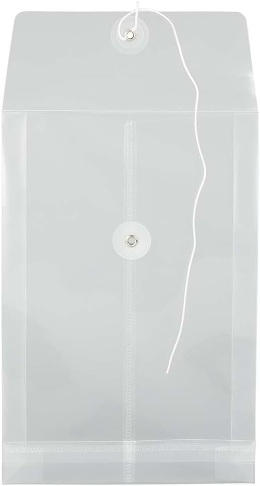 JAM PAPER Plastic Envelopes with Button & String Tie Closure - 6 1/4 x 9 1/4 - Clear - 12/Pack