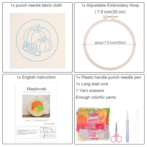 Image of Louise Maelys Beginners Punch Needle kit,Embroidery Starter Kits for Adults,Rug Cross Stitch Tool Including Handle Pen,Cloth,Hoop,Threads and Instruction-Pumpkin Pattern