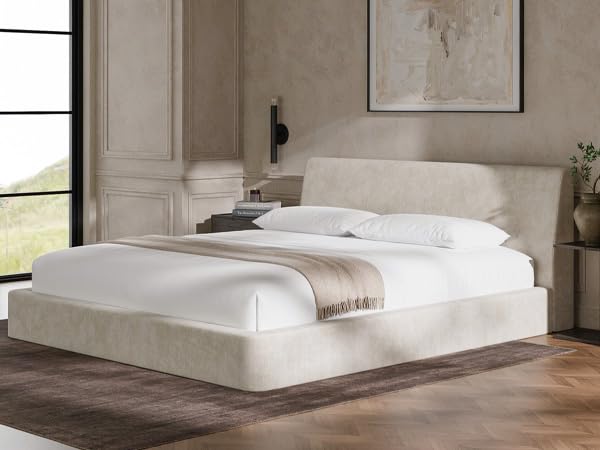 Image of RECCI AirFrame California King Bed Frame with Ergonomic Angled Foam Cushioned Headboard, Minimalist Design Platform Bed Frame, No Box Spring Needed, Easy Assembly (Beige Chenille)