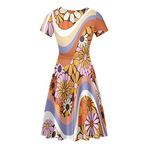Image of POLERO Women Puffy Swing Elegant Party Midi Dresses Short Sleeve Round Neck A-Line Dress
