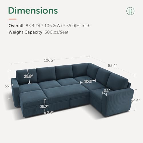 Image of HONBAY Modular Sectional Sleeper Sofa, Corduroy Sleeper Pull-Out Bed Couch with Storage, U Shaped Sectional Couches for Living Room, Blue
