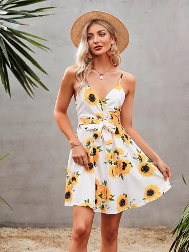 Image of ECOWISH Summer Dresses for Women 2026 V-Neck Spaghetti Strap Bowknot Backless Sleeveless Lace Mini Swing Skater Dress