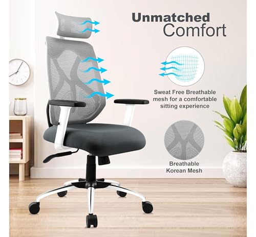 Image of Ergonomic Office Chair for Home & Office | Adjustable Headrest, Armrests & Lumbar Support | Mesh Back | Tilt Lock Mechanism | Heavy Duty Chromium Metal Base, Grey