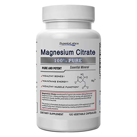Superior Labs Magnesium Citrate - 100% NonGMO Safe from Additives, Stearates, Gluten and Other Allergens - Powerful Dose for Sleep, Cramps, Twitches - 1,250mg Citrate, 120 Vegetable Caps Cover