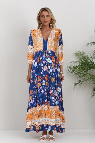 Image of Women Short Sleeve V Neck Floral Print Casual Bohemian Maxi Dresses