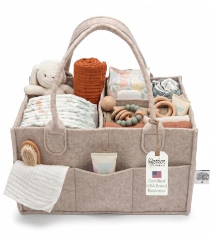 Parker Baby Felt Diaper Caddy & Diaper Organizer Basket - Regular, Oatmeal | Bedside diaper caddy and car diaper caddy organizer with dividers; portable baby organizer basket for changing essentials.