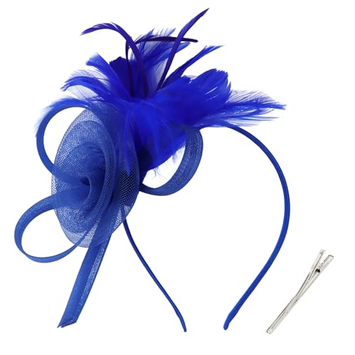 AMCAMI Fascinators Hats with Feather for Women 2025 Derby Hats Tea Party Hat with Headband and Clip Blue
