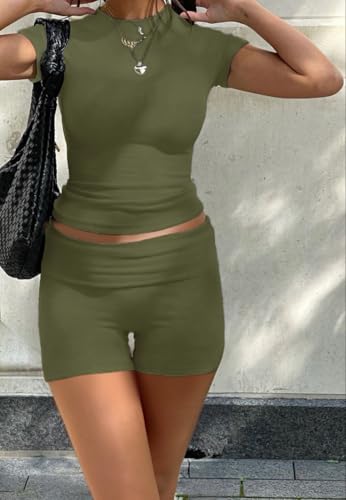 Image of AYWA Women's Two Piece Sets Summer Slim Fitted Short Sleeve Tops Foldover Shorts Matching Lounge Sets