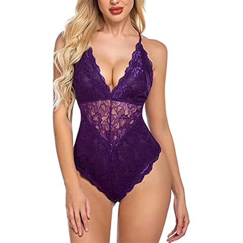 Manxing Women's Lingerie Lace doll Deep V Sexy Teddy One Piece Sleepwear BodySuit, Purple, XL Cover
