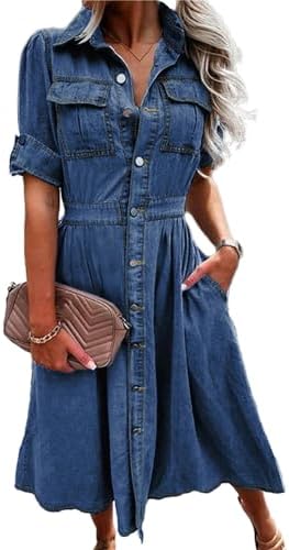 women's a line denim dress AprPith Women Shirt V Neck Short Sleeve Long Bottom Down A-Line Jeans Dresses with Pockets Deep Blue : Buy Online at Best Price in KSA Color:Photo Color