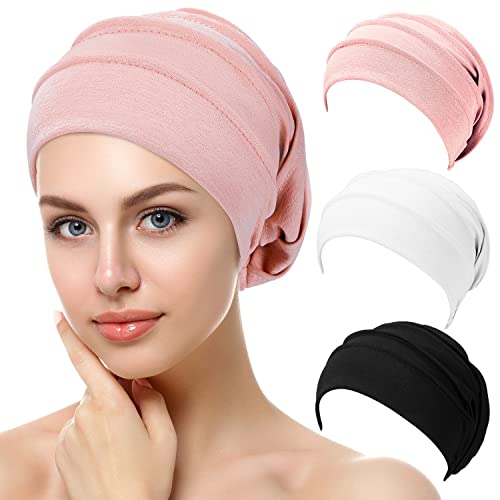 3 Pieces Slouchy Beanies Womens Headwear Sleeping Beanies Head Wrap Hats Soft Sleep Cap Stretchy Elastic Headwear for Women (Black, White, Pink)