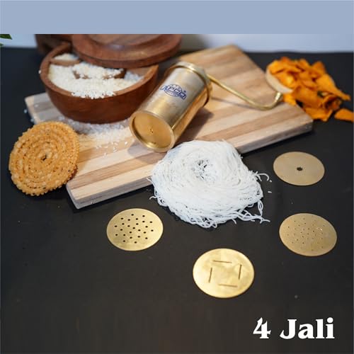 Image of APCO Classic Brass Murukku Maker Sevanazhi with 6 Free Jali for Making Snacks Like Sev, Bhujia, Chakli, Gathiya, Janthikalu, Sevia, Idiyappam, Ribbon Pakoda (390gm)