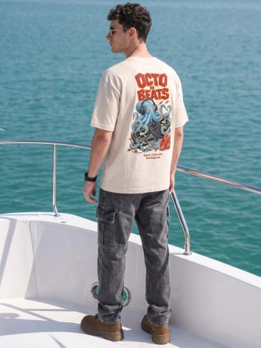 Image of Veirdo Men Bold Front & Back Printed Oversized Fit T-Shirt for Men, Cotton Fabric, Drop-Shoulder Streetwear Casual Graphic Tee, Stylish & Comfortable (OS VD APX SW S)
