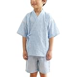 [あい藍] 日本製 子供甚平 洗える 涼しい 夏 祭り 花火 縁日 80/90/95/100/120/130cm (しじら風ストライプ 11353（青）, 80)