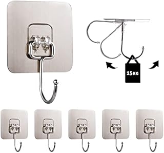 EXGOX 5 Packs Adhesive Wall Hooks Heavy Duty with Stainless Hooks 15KG (Max) Nail Free Self Adhesive Hooks Utility Strong Ceiling Hooks for Bathroom Kitchen Office