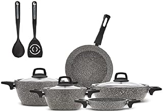 Karaca BioGranite cookware Set, Induction Base, 7-Piece cookware Set Plus 2 Utensils, Non-Stick Coating, Pot pan Set with Glass lids, Dishwasher-Safe, Granite, Gray