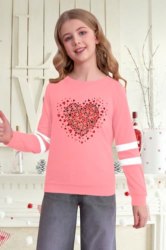 Image of LAZYCHILD Kids Valentine Shirt Girls Valentines Day Shirts Heart Graphic Long Sleeve Striped Tee Tops 5-14 Years