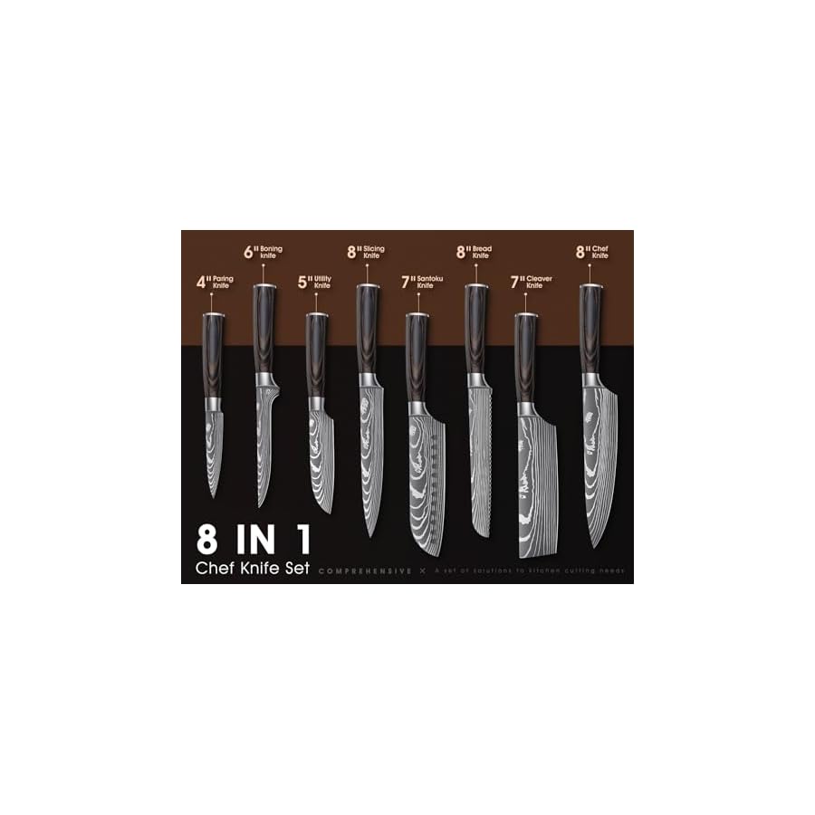 DRAGON-ROIT-Japanese-Knives-Set-Damascus-Pattern-Chef-Knife-Set-for-Kitchen-with-Roll-Bag-Sharp-14Pcs-Stainless-Kitchen-Knife-Set-Brown-Handle DRAGON ROIT Japanese Knives Set Damascus Pattern Chef Knife Set for Kitchen with Roll Bag, Sharp 14Pcs Stainless Kitchen Knife Set Brown Handle