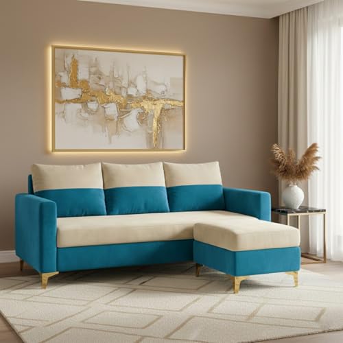 Image of FURNY Canvora 4 Seater L Shape Sofa Set with Movable Ottoman | Flexible Left or Right Layout | Plush Velvet Fabric (Cream-Aqua Blue) | Perfect for Living Room, Guest Room & Office