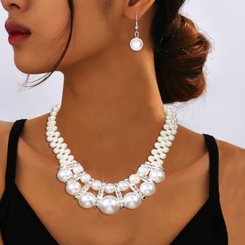 Sixexey Pearl Necklace and Earrings White Pearl Jewelry Set Wedding Bridal Necklace Jewelry Accessories for Women3