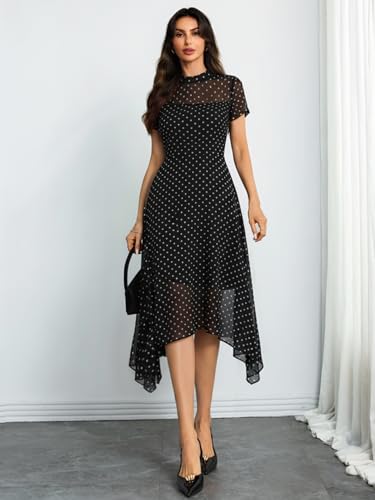 Image of GothDark Women Summer Wedding Guest Floral Mesh Irregular Hem Midi Dress | A-Line, Short Sleeve, Sheer Mesh Overlay, Elegant Vintage Dresses For Party, Semi Formal, Vacation, Dinner, Church