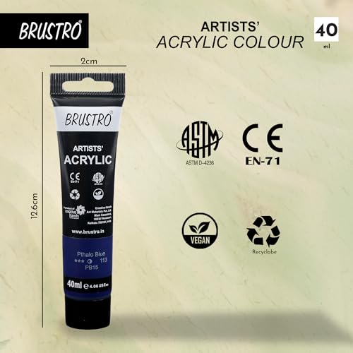 Image of BRUSTRO Artists Acrylic Paint Tube | 40ml, Phthalo Blue (Pack of 2)|Non-Toxic, Water Based, Inter Mixable, Ideal for Painting, Textured Effects on Canvas, Paper, Fine Art Student and Professionals