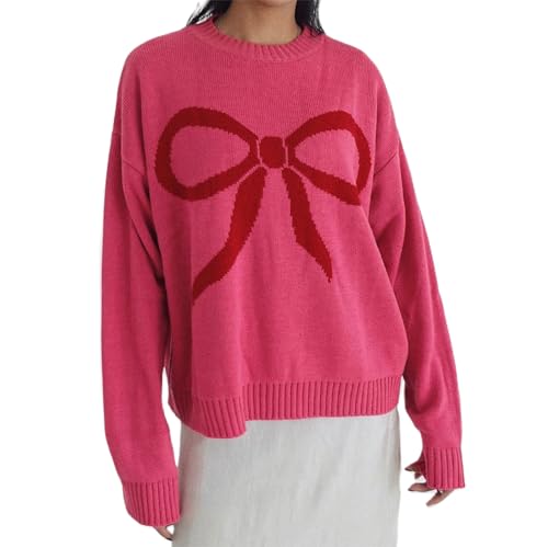 Image of Women Cute Bow Knit Sweater Y2k Long Sleeve Crew Neck Knitted Pullover Top Oversized Going Out Fall Winter Knitwear