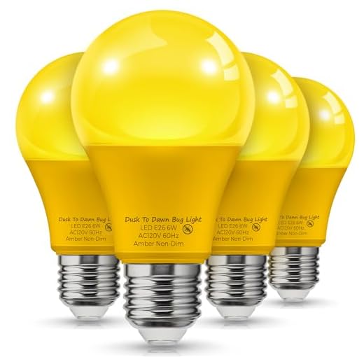 L LOHAS LED 40W Equivalent A19 Amber Porch Light Bulbs, 6W Dusk to Dawn Sensor Yellow Bug Light Bulbs for Outdoor, 2000K E26, 4 Pack