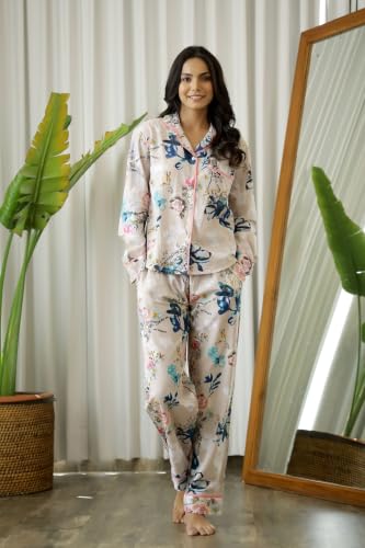 Image of SANSKRUTIHOMES Women's Premium 100% Cotton Printed Night Suit Set | Elegant Full Sleeve Collar Top & Pyjama | Soft & Breathable Premium Loungewear for Women