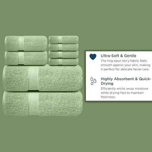 Image of Sulfar 100% Combed Cotton, 8 Pcs Towel Set - 2 Bath Towels (70 x 140 cm), 2 Hand Towels (40 x 70 cm) and 4 Face Towel (30 x 30 cm) (600 GSM, Pack of 8) Nature Green
