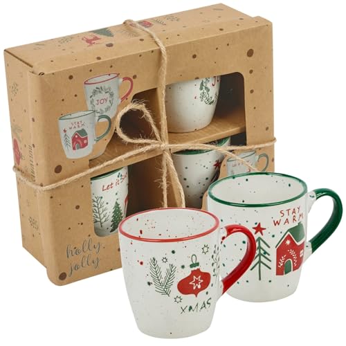 URBNLIVING Festive Ceramic Mugs Set Stylish Christmas Stoneware Cups for Tea & Coffee with Beautiful Gift Box Ideal Holiday Present (Number of Mugs: 4)