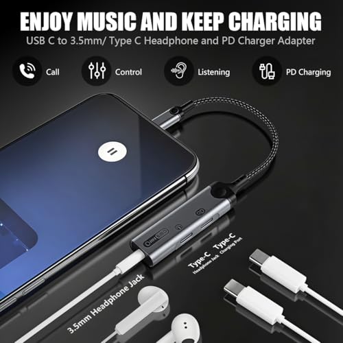 Image of Verilux 3-in-1 Type C to 3.5 mm Connector, PD 60W Type C Adapter Fast Charging and 32bit /384KHz Lossless High-Resolution Audio for iPhone 17 /17 Pro /17 Pro Max /16 /15, Galaxy S26 /S25 /S24 /S23, iPad