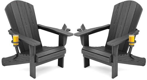 SERWALL Foldable Adirondack Chair Set of 2, HDPE Adirondack Chair with Wood-Texture-Gray