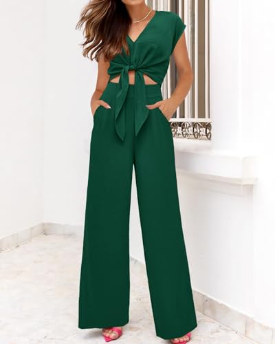 Image of PRETTYGARDEN Women's Summer 2 Piece Outfits 2026 Cap Sleeve V Neck Belted Crop Tops Wide Leg Pant Sets Casual Tracksuit