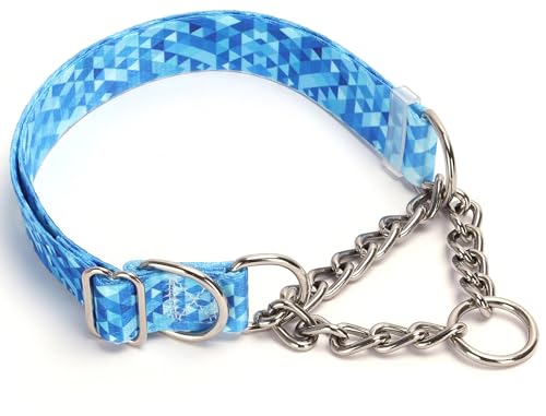 Martingale Dog Collar with Stainless Steel Chain, No Pull Slip Cinch Choker Choke Collar Training Escape Proof Heavy Duty Dog Collar for Medium Large Extra Large Pet Boy Male Dogs, Blue M