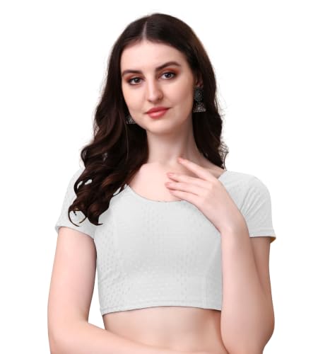 Image of Mogsa Women's Stretchable Dobby Cotton Lycra Saree Blouse | Readymade Stitched Blouse | Round Neck | Short Sleeve | Soft & Comfortable Ethnic Blouse for Saree Wear