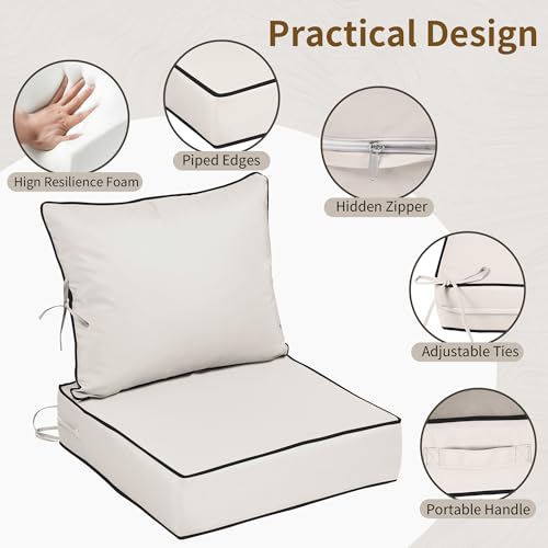 Image of 24x24 Outdoor Chair Cushions Set of 2, Waterproof Deep Seat Cushions for Patio Furniture with Removable Cover,Fade Resistant 4'' Outdoor Seat Cushion with Ties Handle for Sofa Couch,Cream Black Piping