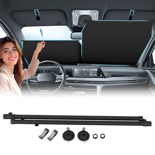 Retractable Windshield Sun Shade Automatic Sunshade for car with 99% UV Heat Protection 420D Fabric Keep Cool & Protect Interior Universal Adjustable Fit for Cars Trucks SUVs (Not for High Curve)