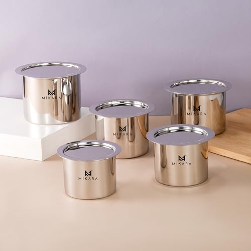 Image of MIKARA Flat Bottom Induction Friendly Stainless Steel Tope Set, Mirror Finish, 5-Piece Combo (325ml, 425ml, 525ml, 650ml & 750ml), Includes 5 Topes with Lids